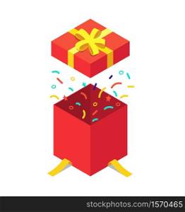 Isometric gift box with flying confetti. Open flat present for happy sale, shopping. Red giftbox with ribbon for decor on birthday, christmas holiday. Love prize decoration. Vector magic package.. Isometric gift box with flying confetti. Open flat present for happy sale, shopping. Red giftbox with ribbon for decor on birthday, christmas holiday. Love prize decoration. Vector magic package
