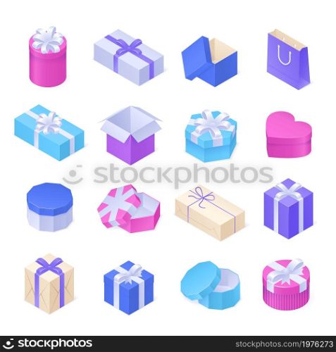 Isometric gift boxes for birthday, Christmas, Valentine day and holidays. Vector icons set of closed and open packages in shape of heart, square and circle with silver ribbon and bow. Isometric gift boxes with silver ribbon and bow