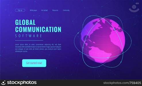 Isometric global communication landing page. Transnational communication, global information transferring technology and big data concept on ultraviolet background. Vector 3d isometric illustration.. Isometric global communication landing page concept.