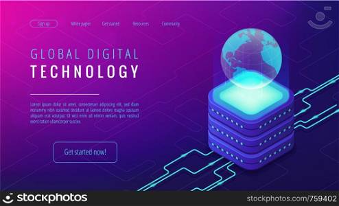 Isometric global digital technology landing page. Big data, cloud information storage, global transferring technology and remote access concept on ultraviolet background. Vector 3d illustration.. Isometric global digital technology landing page concept.