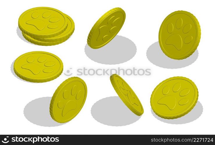 Isometric gold coin with paw print for participation in animal competitions. Prize for winner of pet competition. Realistic 3d vector isolated on white background