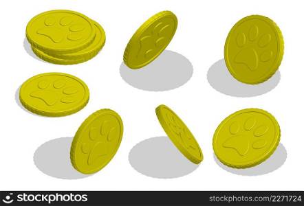 Isometric gold coin with paw print for participation in animal competitions. Prize for winner of pet competition. Realistic 3d vector isolated on white background