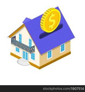 isometric gold dollar coin falling into house piggy bank. Investment, saving, dream, payment and wealth concept. House Loan, Rent and Mortgage Concept. Vector illustration in flat style.. isometric gold dollar coin falling into house