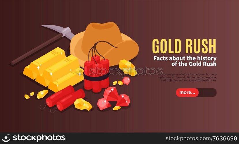 Isometric gold mining horizontal banner with images of vintage equipment explosives and gold bars with text vector illustration