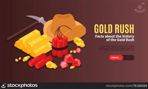Isometric gold mining horizontal banner with images of vintage equipment explosives and gold bars with text vector illustration