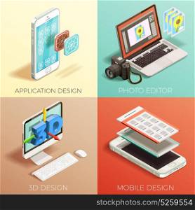 Isometric Graphic Design Set. Isometric 2x2 concept set of various kinds of graphic design on colorful backgrounds 3d isolated vector illustration