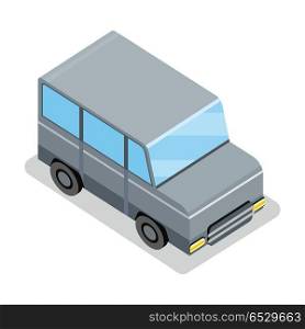 Isometric Gray Jeep Icon. Isometric gray jeep icon. Gray city car with shadow. Isometric car web infographic. Modern vehicle. Jeep icon. SUV icon. City isometric object in flat. Isolated vector illustration on white background
