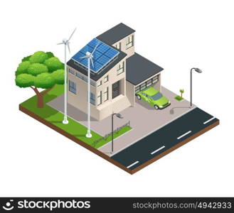 Isometric Green Eco House. Modern green eco house with garage lawn solar panels producing electricity on roof and two wind turbines isometric vector illustration