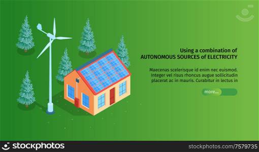 Isometric green energy horizontal banner with slider button editable text and image of smart house in forest vector illustration