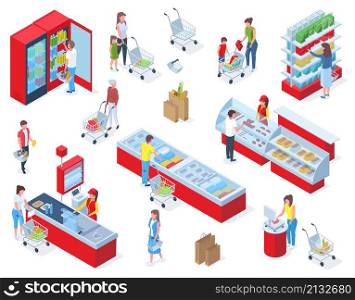 Isometric grocery shopping, people buying food in supermarket. Grocery store shopping, customers buying food in grocery market vector illustration set. Foodstuffs store isometric grocery. Isometric grocery shopping, people buying food in supermarket. Grocery store shopping, customers buying food in grocery market vector illustration set. Foodstuffs store