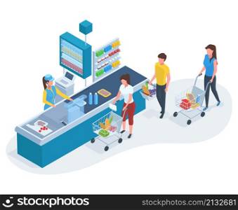 Isometric grocery store counter line, people at supermarket queue. Customers waiting in supermarket check-outs line vector illustration. Grocery supermarket checkout. Supermarket store and grocery. Isometric grocery store counter line, people at supermarket queue. Customers waiting in supermarket check-outs line vector illustration. Grocery supermarket checkout