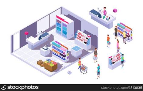 Isometric grocery store interior. Customers, stands with goods and cashier. Isolated buyers in supermarket vector illustration. Isometric cashier and supermarket store with people. Isometric grocery store interior. Customers, stands with goods and cashier. Isolated buyers in supermarket vector illustration