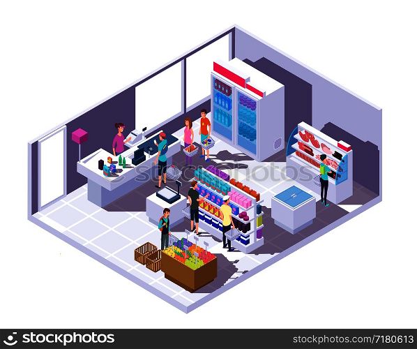 Isometric grocery store interior. Supermarket interior with shopping people and food on shelves and fridge. 3d vector illustration. Isometry indoor market with people and food. Isometric grocery store interior. Supermarket interior with shopping people and food on shelves and fridge. 3d vector illustration