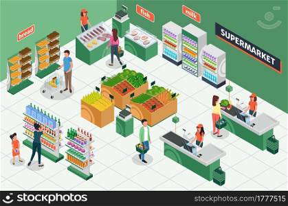 Isometric grocery store. Supermarket interior with furniture, customers, cashier. People buying groceries, shopping mall 3d vector layout. Man and woman with baskets and carts buying goods. Isometric grocery store. Supermarket interior with furniture, customers, cashier. People buying groceries, shopping mall 3d vector layout
