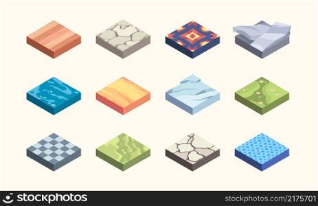 Isometric ground platforms. Rock and earth surfaces grass layers textures for games garish vector illustrations set. Ground isometric game platform layer. Isometric ground platforms. Rock and earth surfaces grass layers textures for games garish vector illustrations set