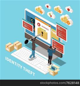 Isometric hacker fishing digital crime composition with identity theft description and abstract elements vector illustration