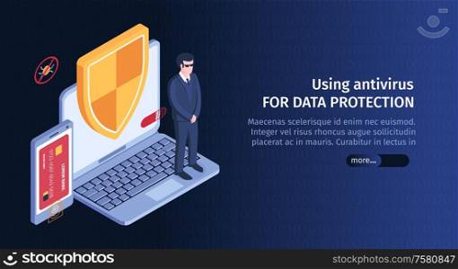 Isometric hacker horizontal banner with computer security images editable text and slider button for more information vector illustration