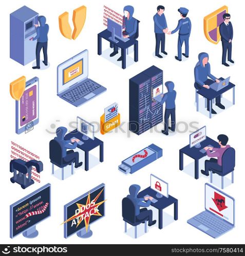 Isometric hacker safety system set of isolated icons with defense shield pictograms server racks and computers vector illustration