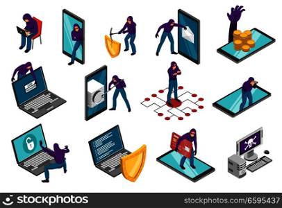 Isometric hacker set of conceptual images with smartphones laptop computers and human character of cyber thief vector illustration. Cyber Terrorist Isometric Set