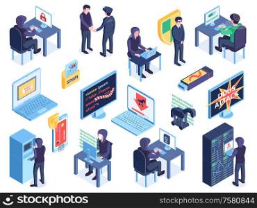 Isometric hacker set of isolated icons and images of computer screens pictograms and characters of cybercriminals vector illustration