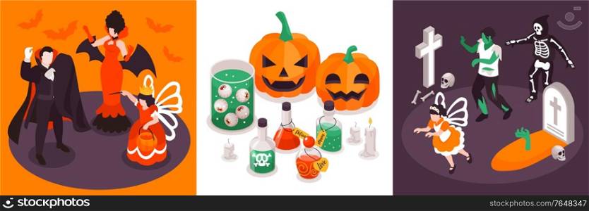 Isometric halloween party design concept with square compositions of funky characters in costumes with potions pumpkins vector illustration
