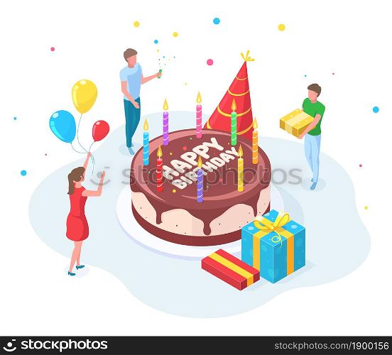 Isometric happy birthday party people celebration concept. Characters celebrating birthday event, congratulate birthday person vector illustration. Happy birthday festivity party isometric. Isometric happy birthday party people celebration concept. Characters celebrating birthday event, congratulate birthday person vector illustration. Happy birthday festivity