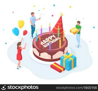 Isometric happy birthday party people celebration concept. Characters celebrating birthday event, congratulate birthday person vector illustration. Happy birthday festivity party isometric. Isometric happy birthday party people celebration concept. Characters celebrating birthday event, congratulate birthday person vector illustration. Happy birthday festivity