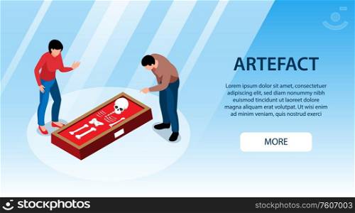 Isometric historical museum horizontal banner with more button editable text and two visitors watching ancient skeleton vector illustration