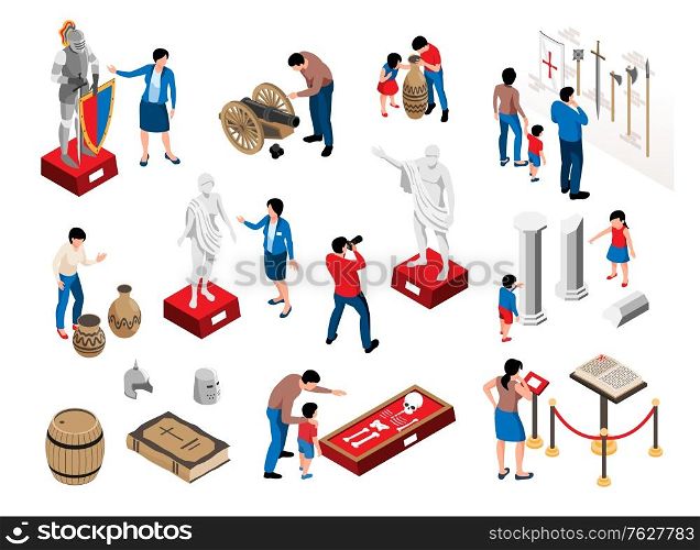 Isometric historical museum set with isolated icons of ancient artifacts statues on pedestals and human characters vector illustration