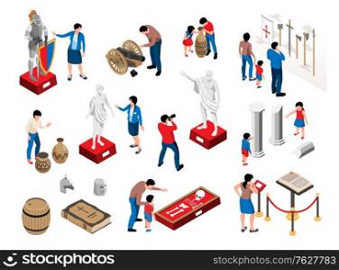 Isometric historical museum set with isolated icons of ancient artifacts statues on pedestals and human characters vector illustration