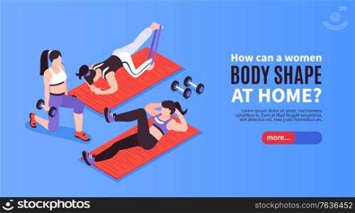 Isometric home fitness horizontal banner with editable text more button and female characters practicing with barbells vector illustration