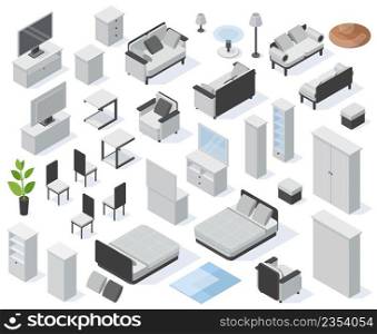 Isometric home furniture, bedroom and living room interior elements. Cloth wardrobe, bed and sofa vector illustration set. Modern apartment furniture. 3d isometric interior home. Isometric home furniture, bedroom and living room interior elements. Cloth wardrobe, bed and sofa vector illustration set. Modern apartment furniture