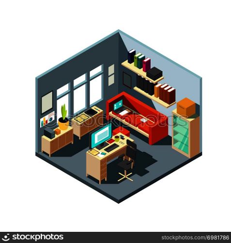 Isometric home office interior. 3d workspace with computer and furniture. Isometric office room with computer and table with chair illustration. Isometric home office interior. 3d workspace with computer and furniture