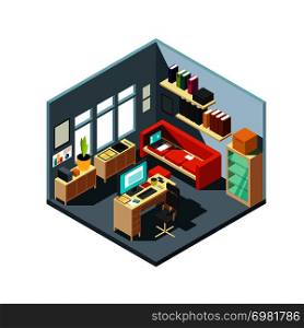 Isometric home office interior. 3d workspace with computer and furniture. Isometric office room with computer and table with chair illustration. Isometric home office interior. 3d workspace with computer and furniture