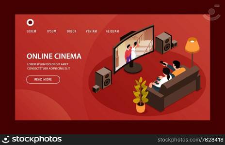 Isometric home online cinema website template design landing page with clickable links and tv set images vector illustration