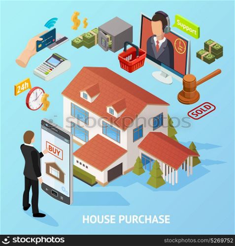 Isometric Home Purchase Background. Isometric house loan composition with conceptual financial elements payment credit smartphone auction hammer and landmark images vector illustration