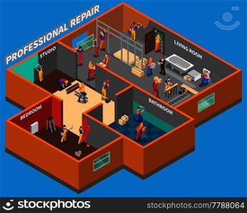 Isometric home repair worker people composition with professional repair services in bathroom bedroom living room and studio vector illustration. Home Repair Worker People Composition