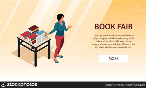 Isometric horizontal banner with consultant at book fair 3d vector illustration