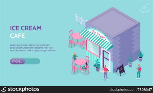 Isometric horizontal banner with ice cream cafe building outdoor seating and customers 3d vector illustration
