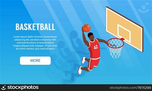 Isometric horizontal banner with male player hitting basket 3d vector illustration