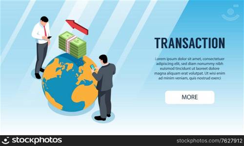 Isometric horizontal banner with people doing bank transaction 3d vector illustration