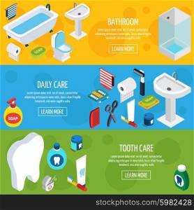 Isometric Horizontal Hygiene Banners. Isometric horizontal hygiene banners with bathroom objects and means of daily care and tooth care vector illustration