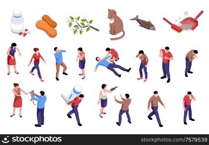 Isometric horizontal set of icons with different allergens and people having allergy symptoms 3d isolated on white background vector illustration