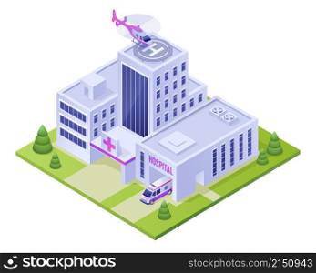 Isometric hospital clinic building with ambulance car, helicopter on roof and green bushes. Medicine, city infirmary health care infrastructure, medic office 3d vector illustration, low poly map icon. Isometric hospital clinic building, ambulance car