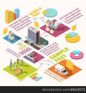 Isometric Hospital Infographics. Colorful isometric hospital infographics with sample text and diagram template vector illustration