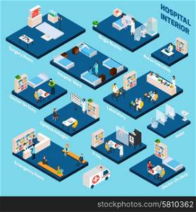 Isometric hospital interior with 3d health care personnel isometric vector illustration. Isometric Hospital Interior