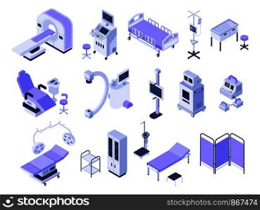 Isometric hospital tools. Medical diagnostic equipment, healthcare monitoring and health care diagnostics technology. Operating table or surgery tools. Isolated 3d vector icons set. Isometric hospital tools. Medical diagnostic equipment, healthcare monitoring and health care diagnostics technology 3d vector set
