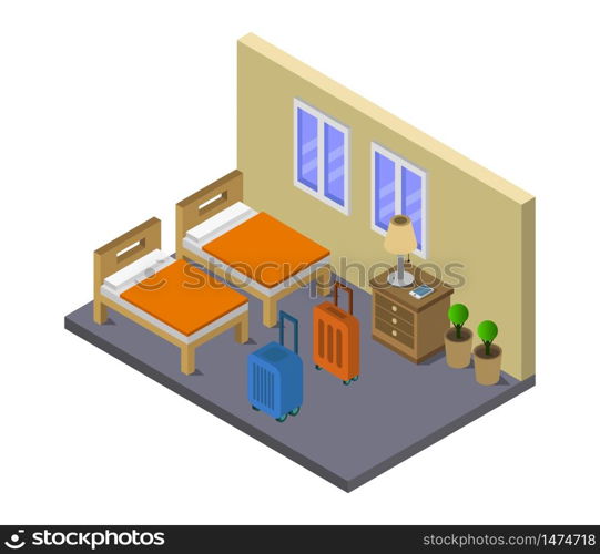 isometric hostel room