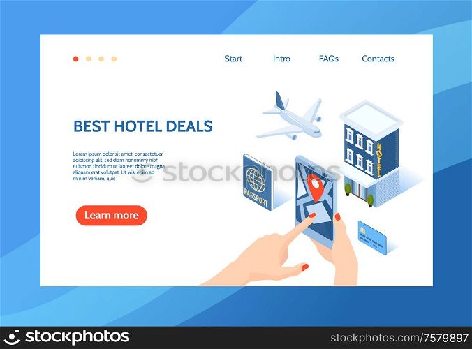 Isometric hotel concept banner web site landing page design with editable text links and clickable button vector illustration