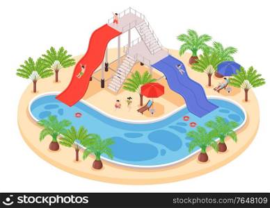 Isometric hotel water park composition with people relaxing near pool with slides surrounded by exotic trees vector illustration